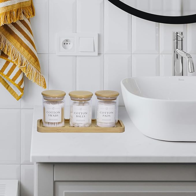 Qtip Holder with Vanity Tray - 3 Pack Glass Apothecary Jars with Lids, Cotton Ball Swab Pad Floss Pick Holder, Bathroom Organizers Jars Containers Canisters Accessories Set