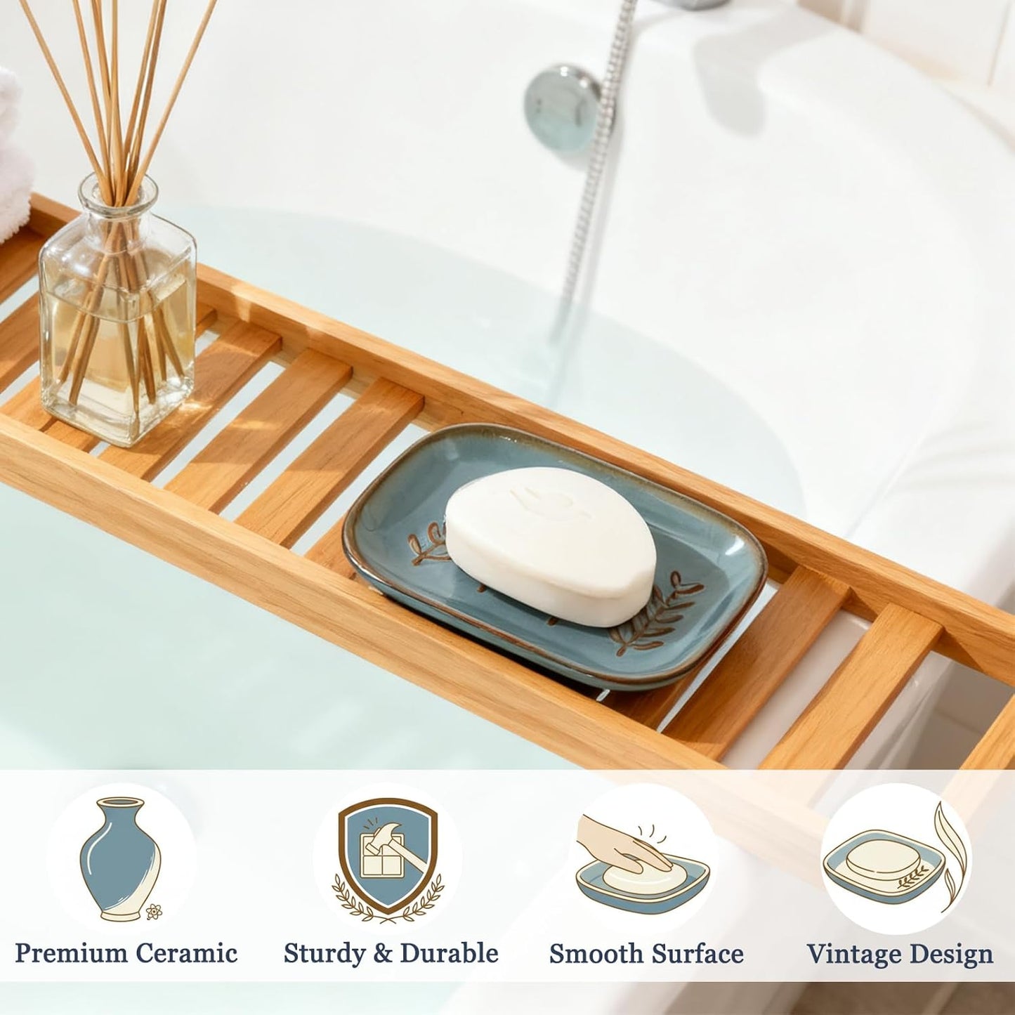 Aesthetic Ceramic Soap Dish for Shower, Soap Holder with Raised Relief, Shower Soap Dish for Shampoo Bar Or Sponge, Soap Saver for Bathroom, Kitchen, Sink, Decorative Soap Tray (Blue)