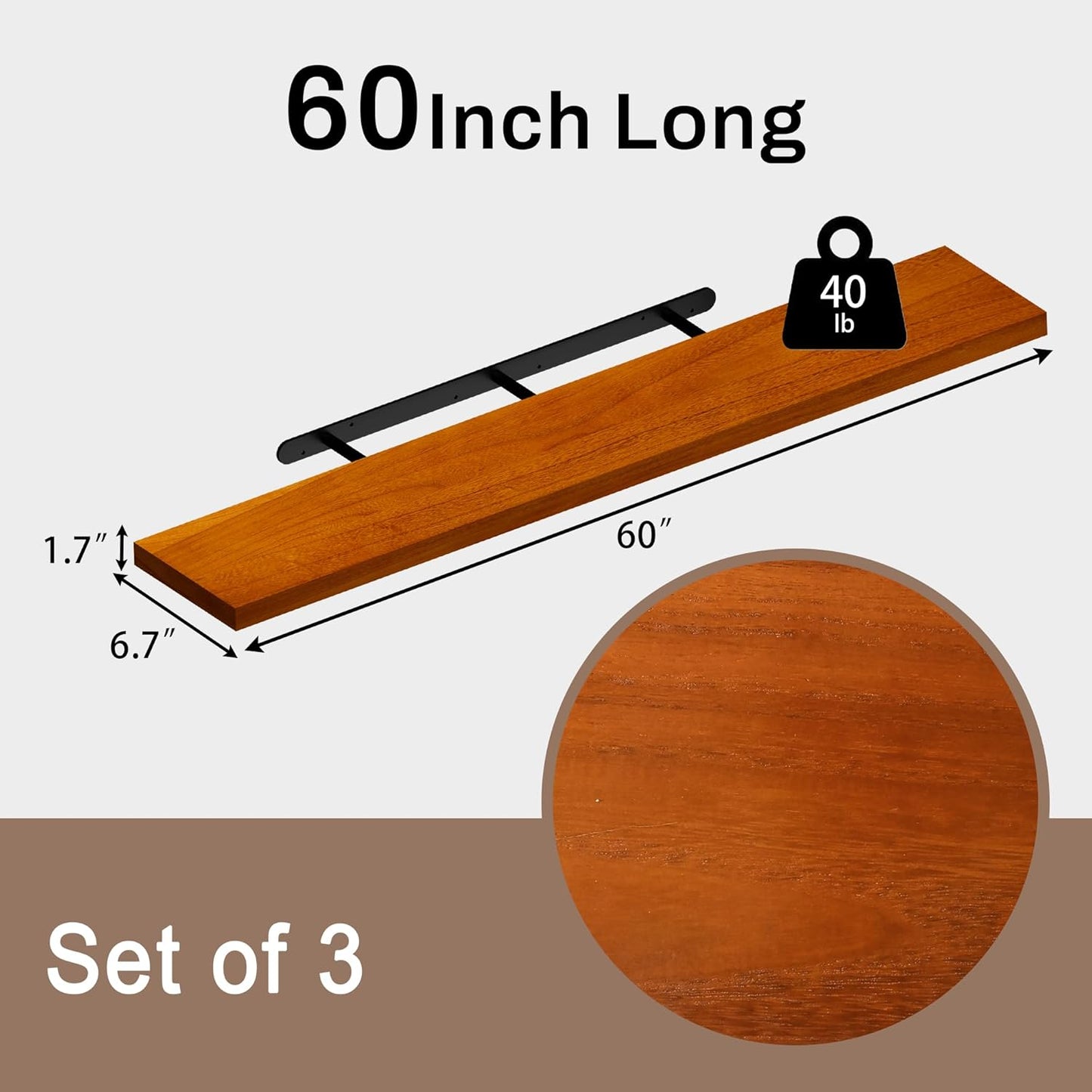 Floating Shelves for Wall, 60 Inch Extra Long Brown Wall Shelves, Set of 3, Hanging Invisible Brackets Floating Shelves for Living Room,Bedroom,and Kitchen