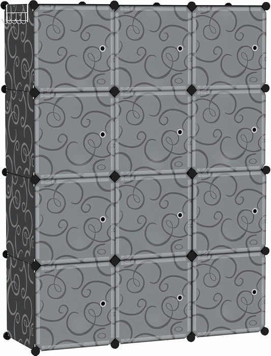 C&AHOME Cube Storage Organizer with Doors, 12-Cube Shelves, Closet Cabinet, DIY Plastic Modular Bookshelf Ideal for Bedroom, Living Room, 36.6”L x 12.4”W x 48.4”H Black USHS3012B-DOOR