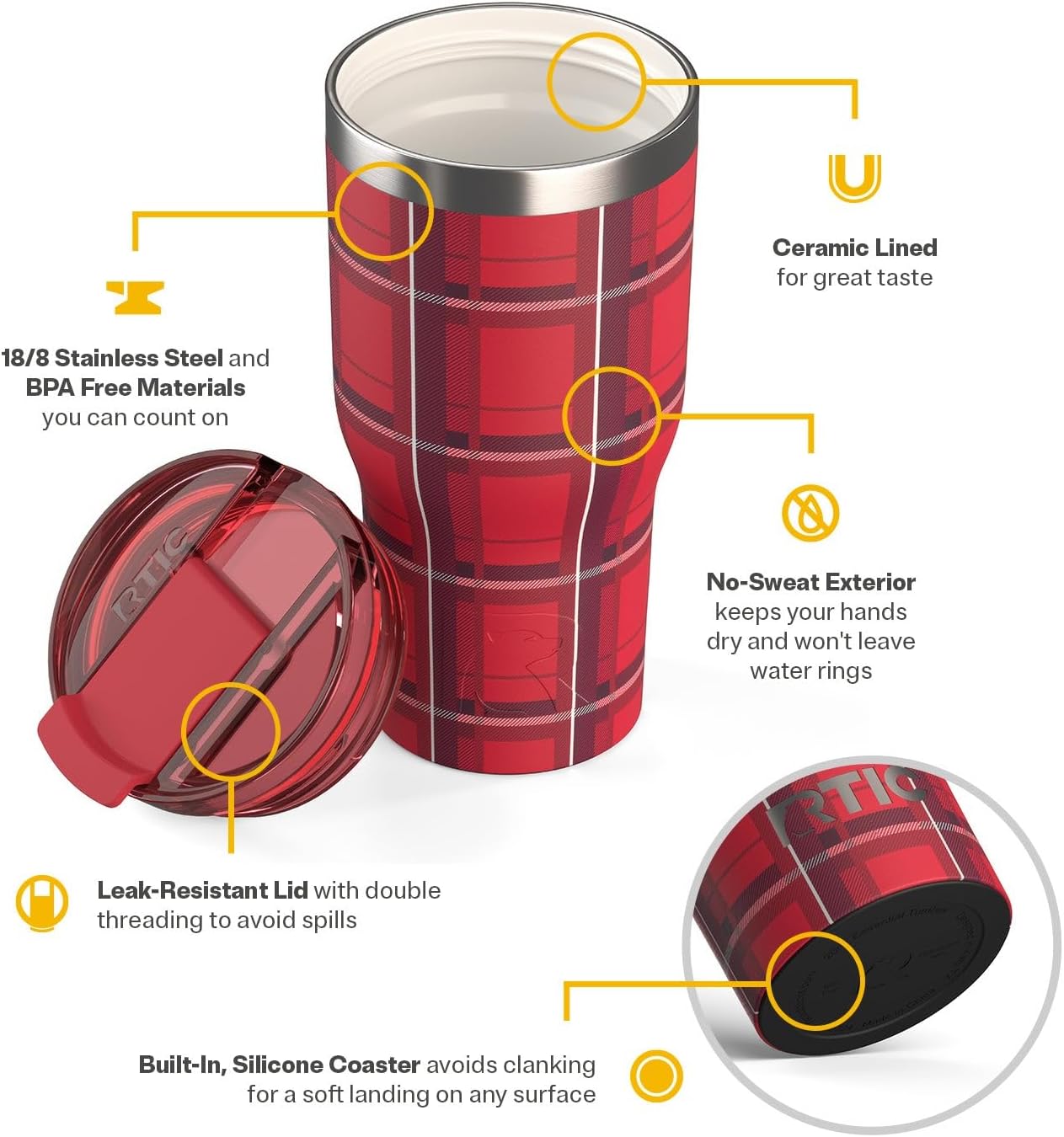 RTIC 20oz Essential Tumbler with Lid, Ceramic Lined, Insulated, Stainless Steel, Metal, Double Wall Vacuum-Insulation, Travel Cup for Iced Coffee, Tea, Hot and Cold Drink, Red Plaid