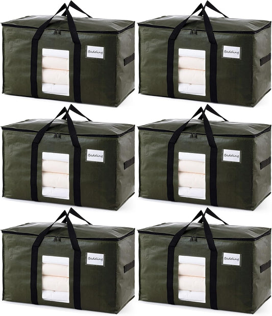 TAILI 6 Pack Green Extra Large Moving Bags, Heavy Duty Totes with Visible Window, Wrap Around Handles, Space-Saving Storage, Alternative to Moving Boxes
