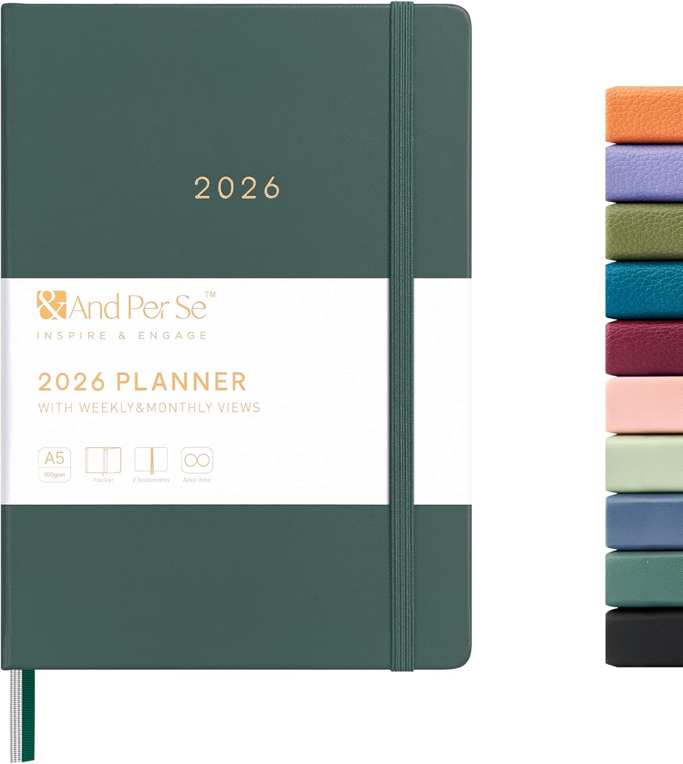 And Per Se 2026 Planner-Daily, Weekly & Monthly Leather Hardcover Planner, 5.7" x 8", Daily Schedule, Monthly Tabs, 100 GSM Thick Paper, Back Pocket(Green)