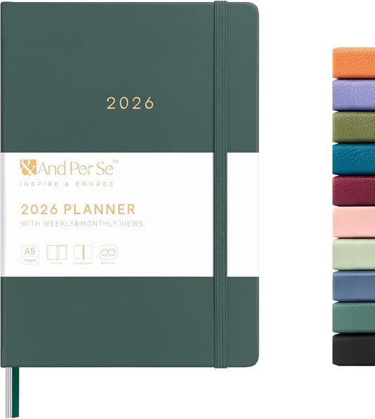And Per Se 2026 Planner-Daily, Weekly & Monthly Leather Hardcover Planner, 5.7" x 8", Daily Schedule, Monthly Tabs, 100 GSM Thick Paper, Back Pocket(Green)