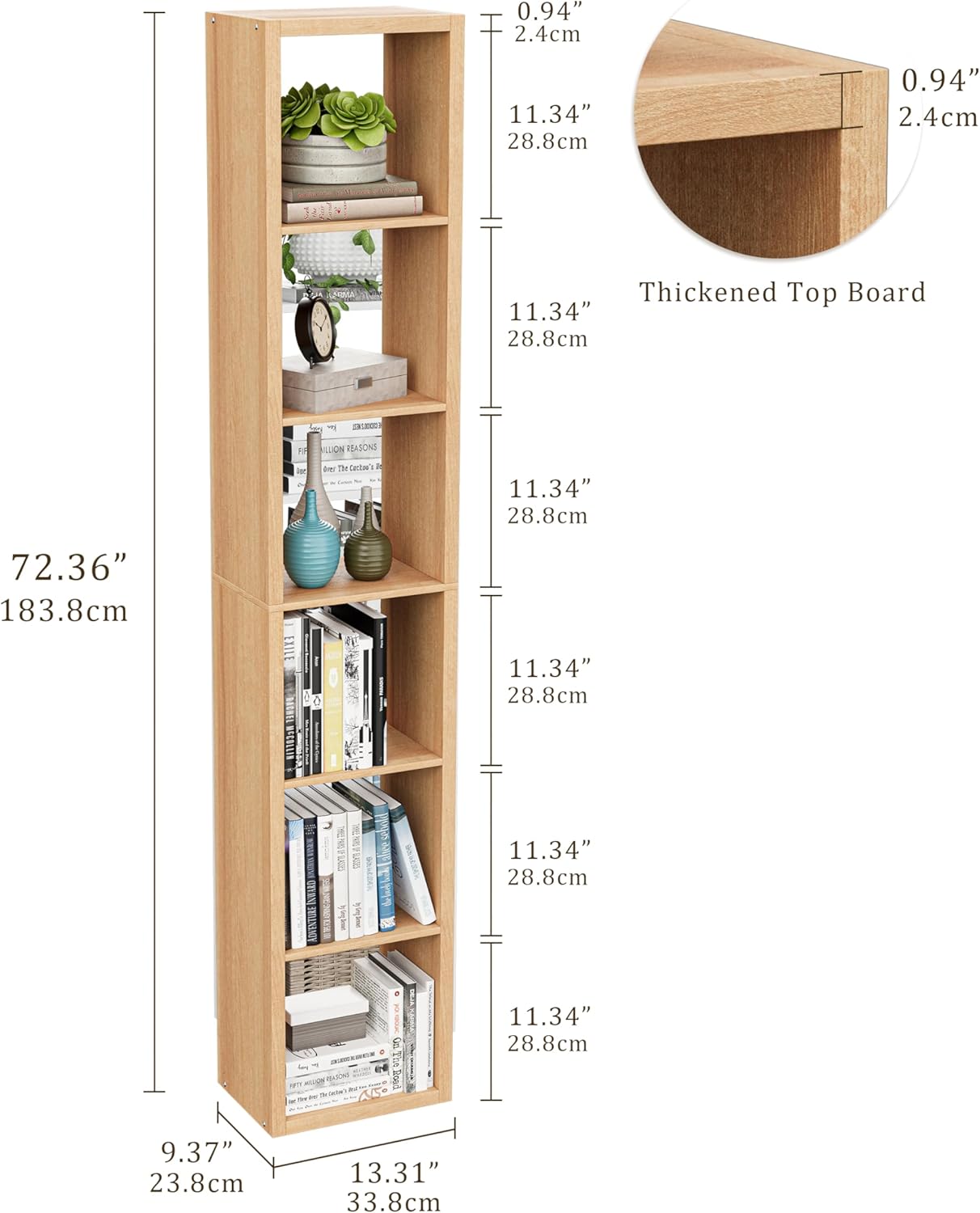 Tall Cube Storage Organizer Bookcase, 6 Tier 11 inch Open Back Cubical Shelf with Thickened Border, Display Bookshelf for Living Room, Home Office, Sturdy Room (Natural Oak, 6 Cube,Vertical)
