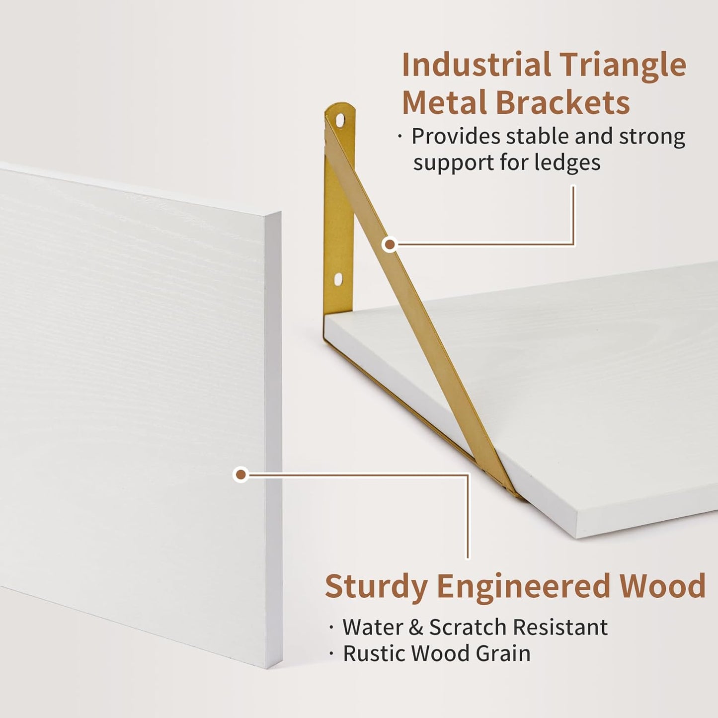 Axeman Deep Floating Shelves for Wall, 12 Inch Deep White and Gold Shelves Set of 2, 16W x 12D White Wood Wall Shelves with Golden Brackets for Bedroom Bathroom Living Room Kitchen - White & Gold