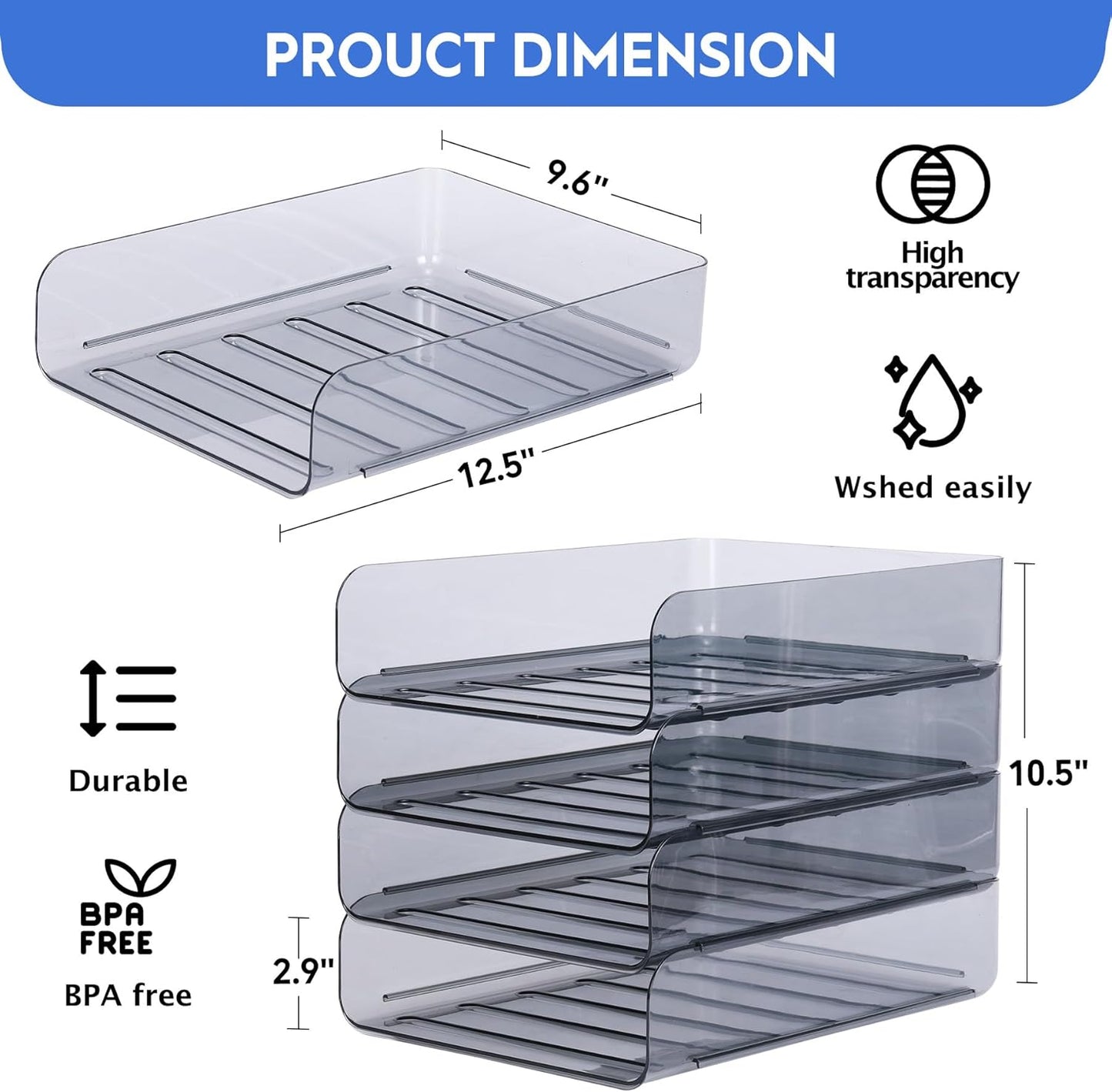 Set of 4 Office Organization and Storage, PET Letter Tray Desk Organizer, Stackable Document Organizer and File Paper Organizer for Office Supplies, Black