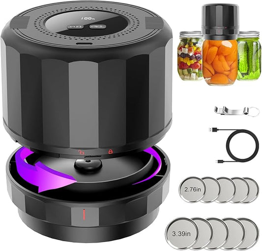 Electric Mason Jar Vacuum Sealer Kit - 2000mAh Battery, Enhanced Motor, Wide & Regular Mouth Lids Compatible, Black - Ideal for Canning
