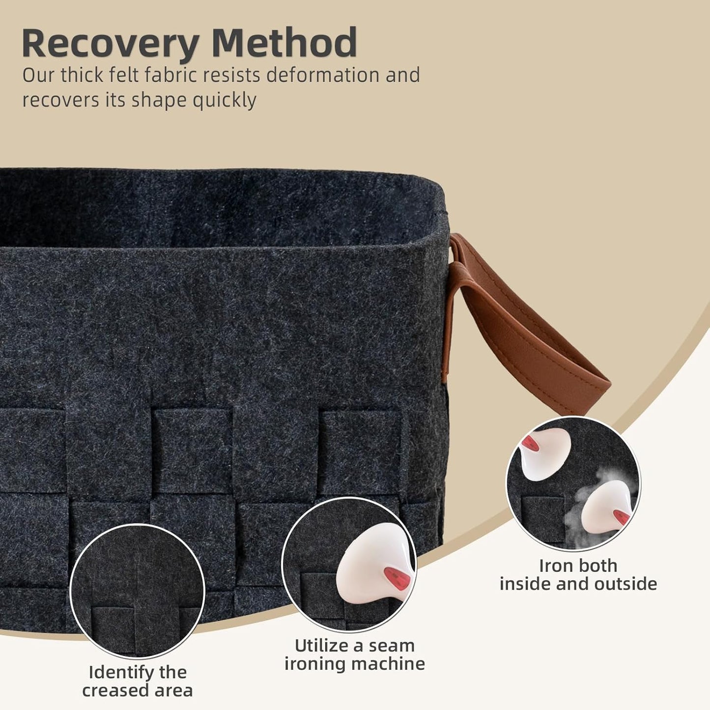 Bold monkey Storage Basket 3 Pack, Medium 10" x10" x10 " Baskets for Shelves with Leather Handle, Cube Felt Fabric Storage Box for Bedroom, Nursery, Living Room - Dark grey