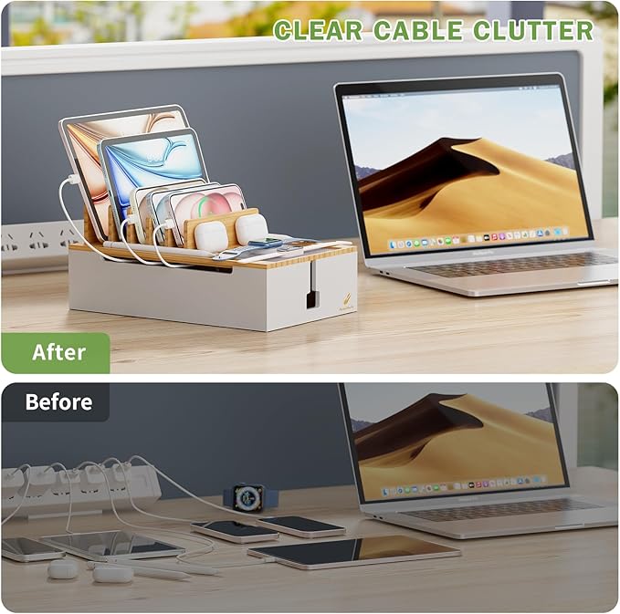 Pezin & Hulin Bamboo Charging Station, Electronic Devices Organizer for Multiple Devices Charger Such As Cell Phone, Tablet, Watch and More, Natural+White, (No USB Charger and Cables