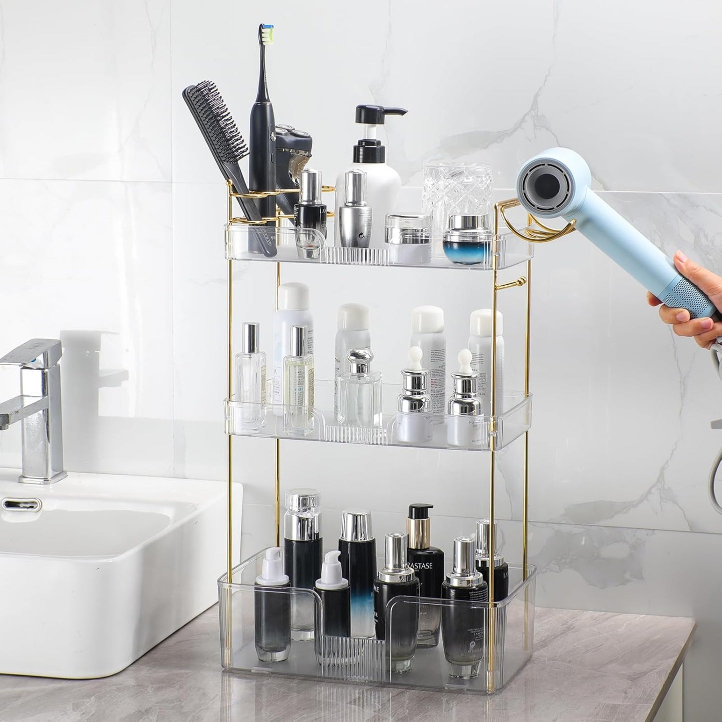 3 Tier Bathroom Organizer Countertop Makeup Perfume Tray Skincare Organizer Comes with Hair Dryer Rack and Toothbrush Holder for Bathroom Dresser Vanity (White)