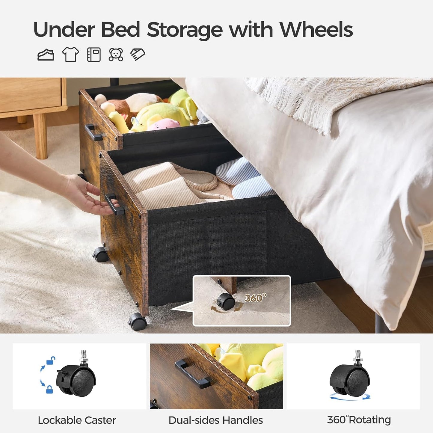 Under Bed Storage with Wheels, Wooden Under Bed Drawers On Wheels, Rolling Under Bed Shoe Storage, Space Saving, Rustic Brown,70L