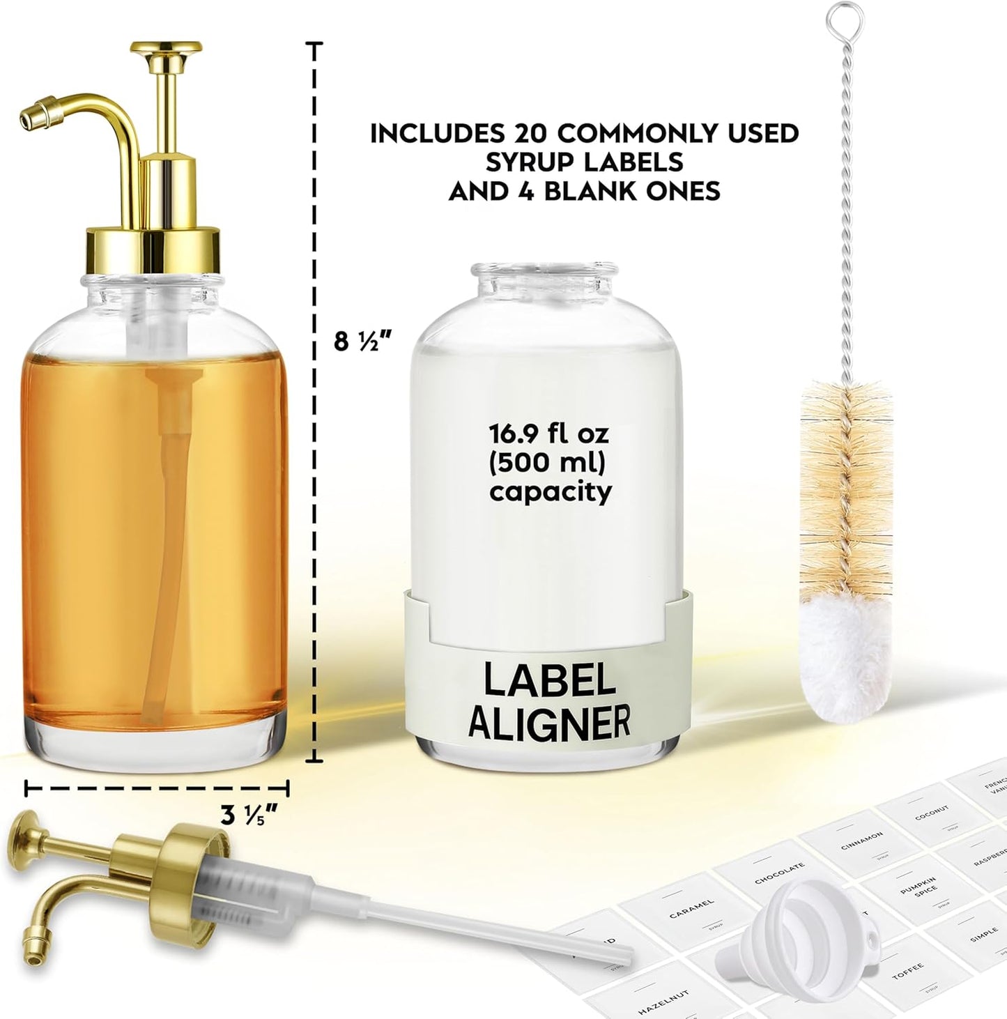 Coffee Syrup Dispenser with Pump - Includes 24 Flavor Labels - Glass Syrup Dispenser for Coffee Bar - Elevate your Beverage Station with 16.9 fl oz Flavoring Container Bottles, 2pcs, Gold