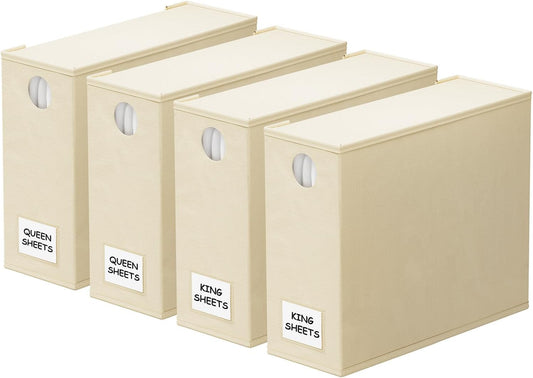 SpaceAid 4 Pack Bed Sheet Organizers and Storage, Foldable Sheet Organizer for Linen Closet, Sheets Set Folder Keeper with Window XL (Queen & King Size) Organizing Bedding Container, Beige