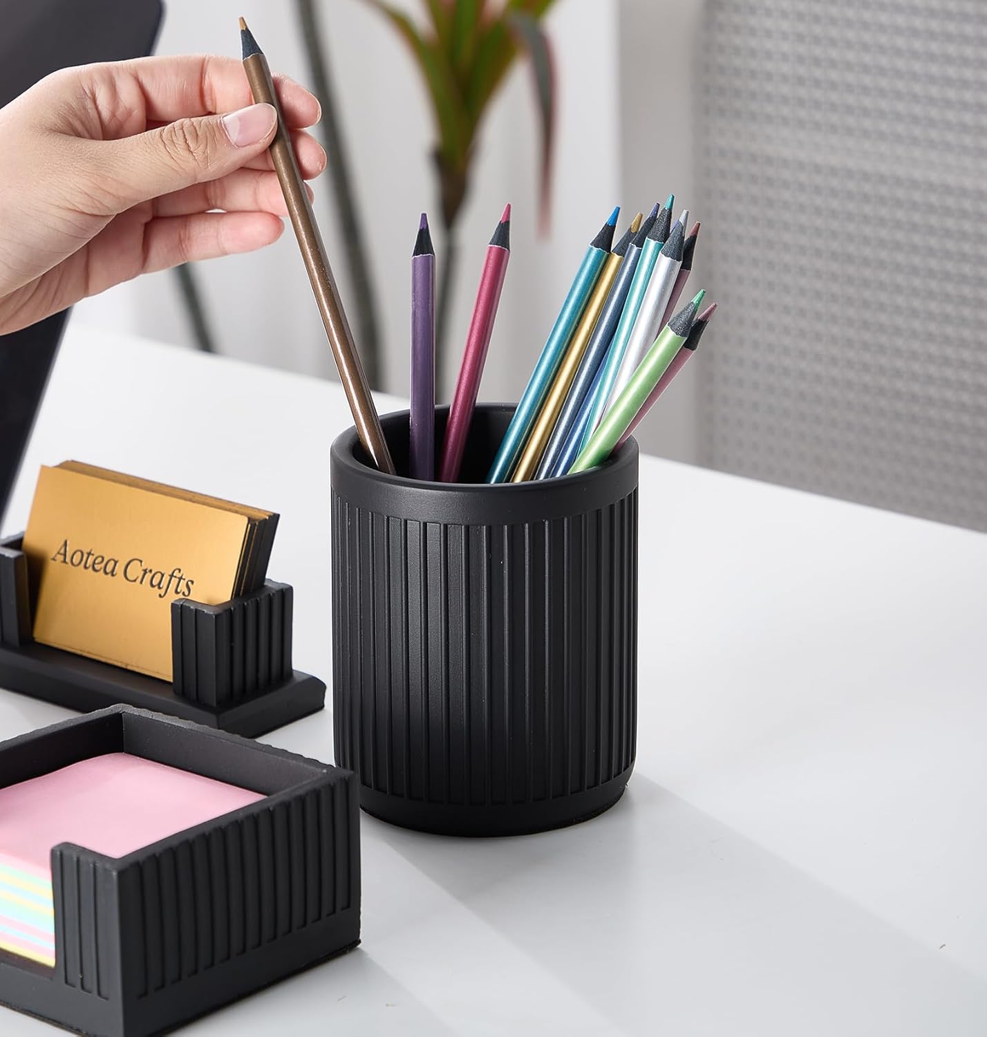 Set of 4 - Aesthetic Desk Accessories For Modern, Industrial, Minimalist Office Decor- Concrete Desk Organizers Accessories For Women or Men- Pen, Business Card Holder & Sticky Note, Paper Clip Holder