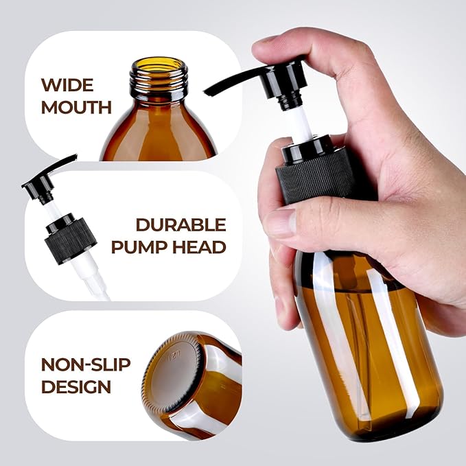 Amber Glass Soap Dispenser 4 oz, Homepicker Glass Pump Bottle with Pump for Lotion Body Oil, 125ml Hand and Dish Soap Dispensers Set with 1 Extra Pump & Labels - 2 Pack