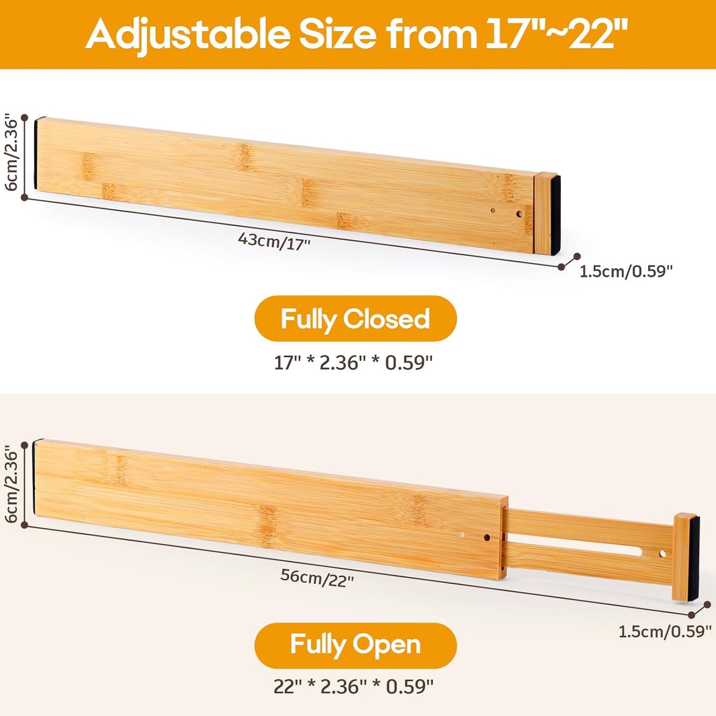 Bamboo Drawer Dividers Organizers, Kitchen Drawer Dividers for Clothes, Adjustable Drawer Separators for Dresser, Bedroom, Bathroom, Office, 4 Pack, 17“-22”