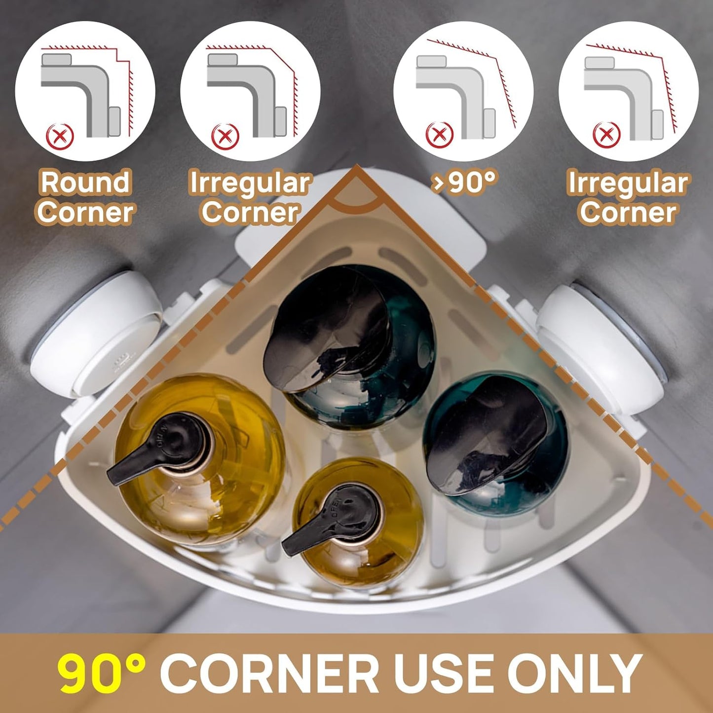 LEVERLOC Corner Shower Caddy Suction Cup, shower shelves suction cup, 2 Pack Basket Powerful Bathroom, Waterproof & Oil-proof Organizer for Kitchen, No-Drilling Removable