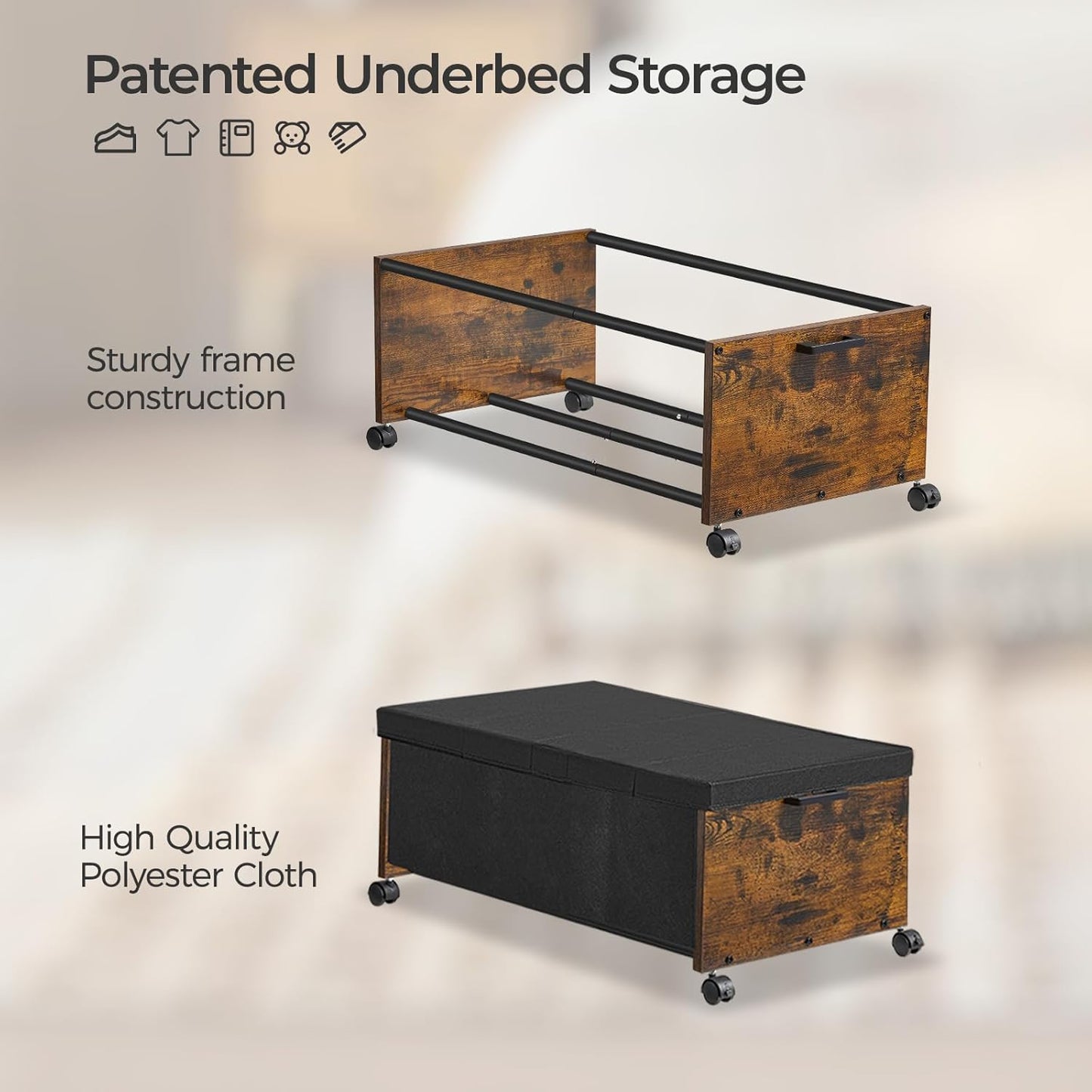 Under Bed Storage with Wheels,Under Bed Drawers Heavy Duty, 2 Packs, Wooden Under Bed Storage Containers Organizer, Metal Frame, Patented Design