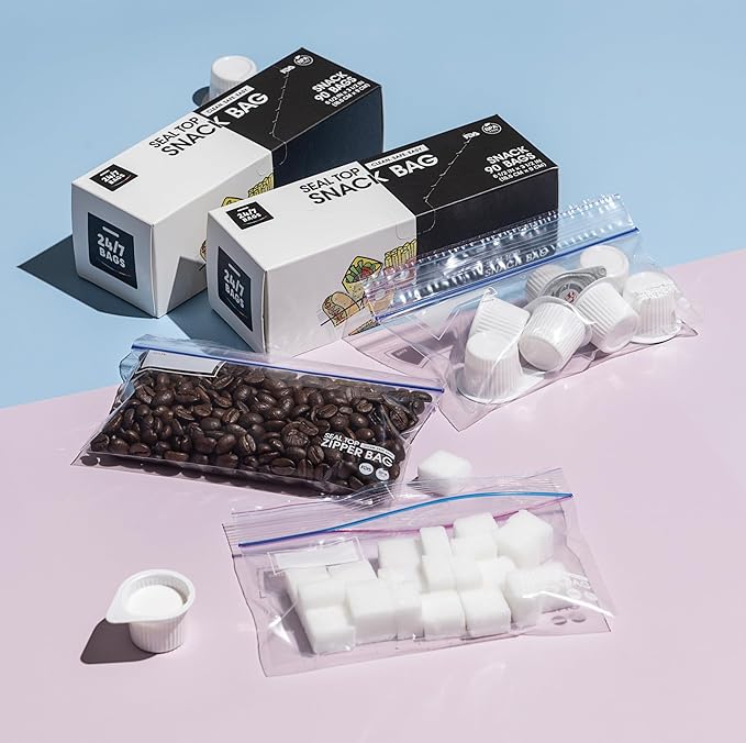 24/7 Bags- Snack Zip Storage Bags, 180 Count, Single Zipper Seal, Easy Grip Open Tabs, Write-On Space, BPA-Free & Heavy Duty, Microwave Safe, Non-StandUp