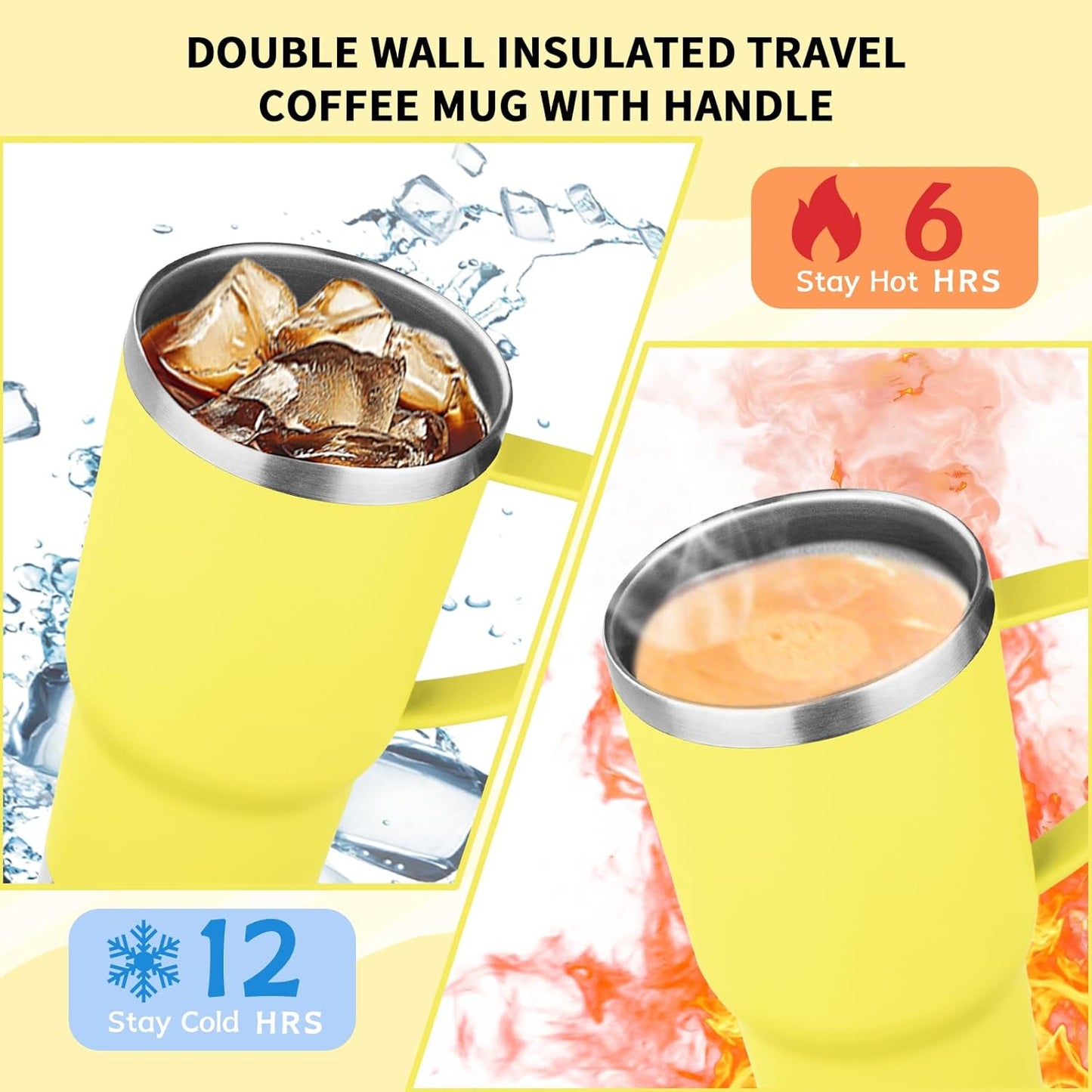 20oz Insulated Tumbler with Handle Stainless Steel Travel Coffee Mug with Lid and Straw Double Wall Vacuum Leak-proof Reusable Thermal Water Cup for Hot and Cold Drinks (Yellow,1 Pack)