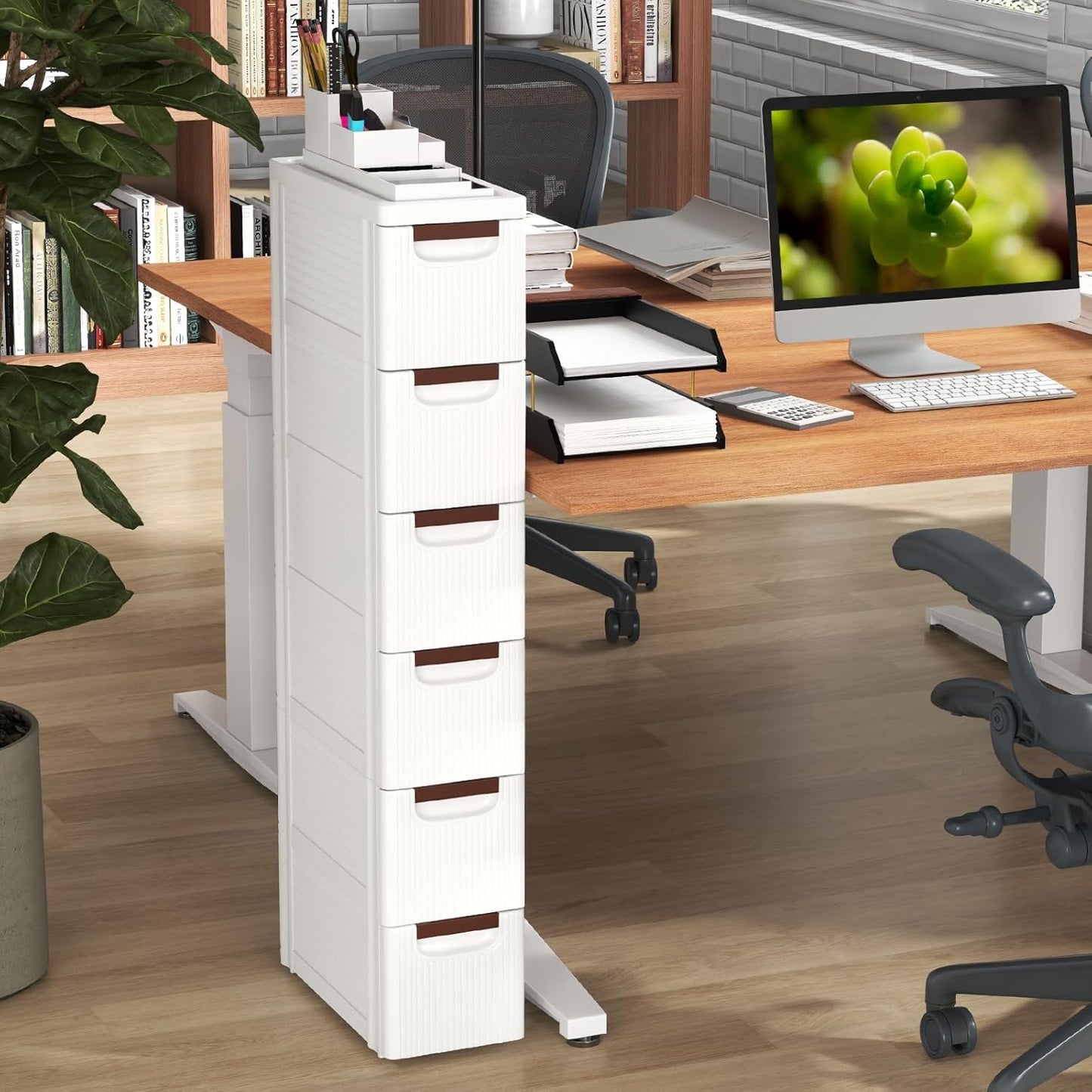 LOKO 6-Drawer Narrow Storage Cabinet, Slim Rolling Cart, Mobile Plastic Cart Container with Pull Handles, Built-in Wheels, for Living Room, Kitchen, Bathroom, Office (7.5"x16.5"x43" (6 Drawer))