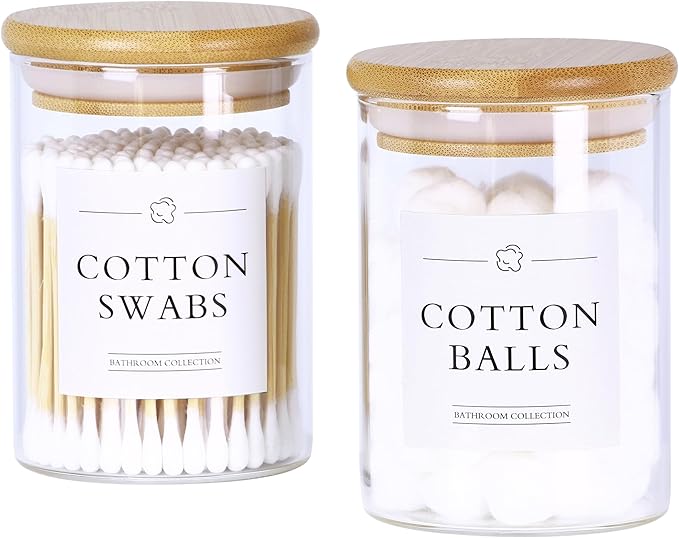 2 Pack Qtip Holder Dispenser - Glass Apothecary Jars with Lids, Cotton Ball Pad Swab Round Holder, Bamboo Bathroom Accessories, Bathroom Organizers Containers Jars Canisters with Lids