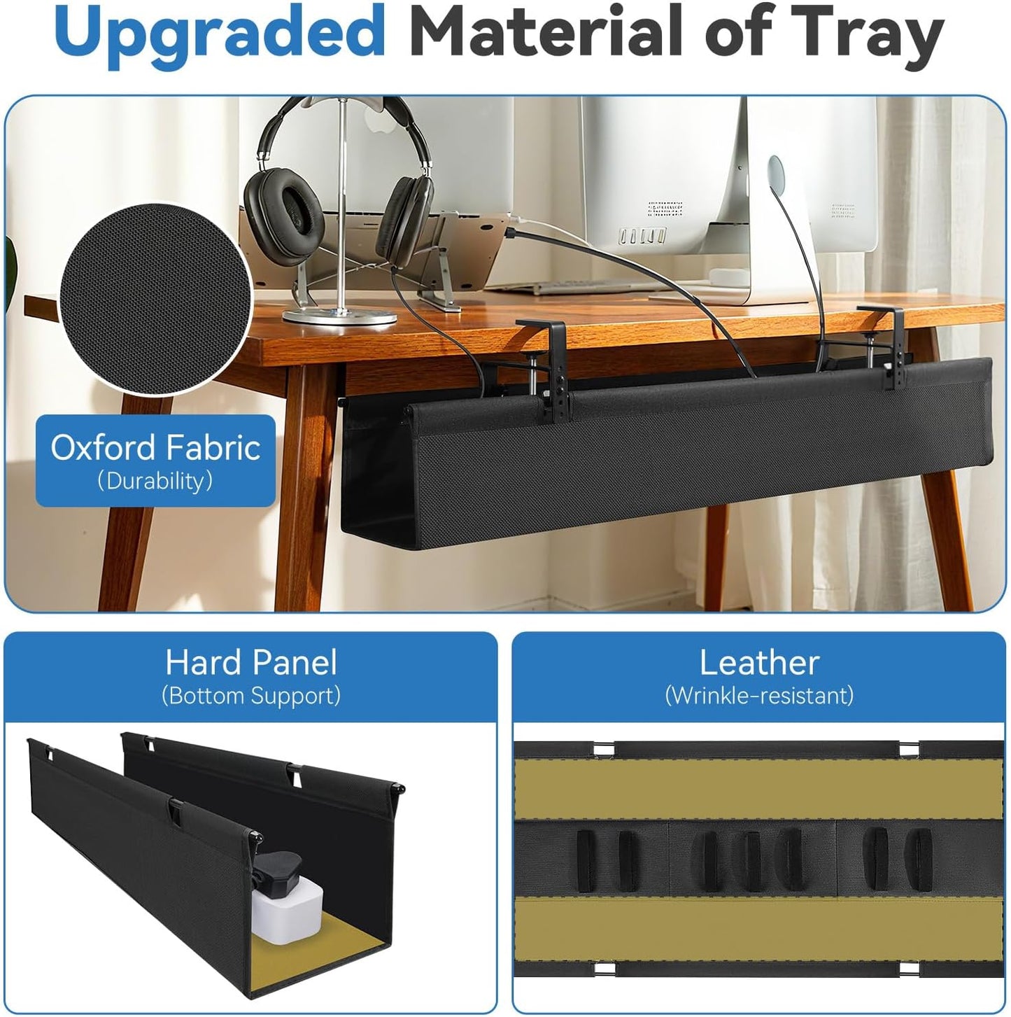 SHUWEI No Drill Under Desk Cable Management Tray, 36" Premium Fabric Cord Organizer for Desk, Clamp/Screw Mount Cable Organizer for Office and Home (Black, 36" L)