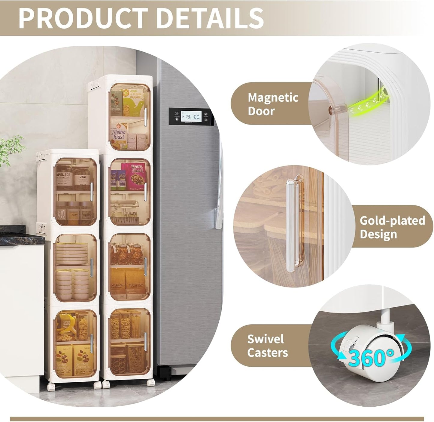 KHNR 2-Tiers Slim Bathroom Storage Cabinet, Foldable Storage Cabinets,Narrow Bathroom Storage,Movable Bathroom Storage Organizer for Small Spaces,Bathroom,Kitchen,Laundry,Cream White