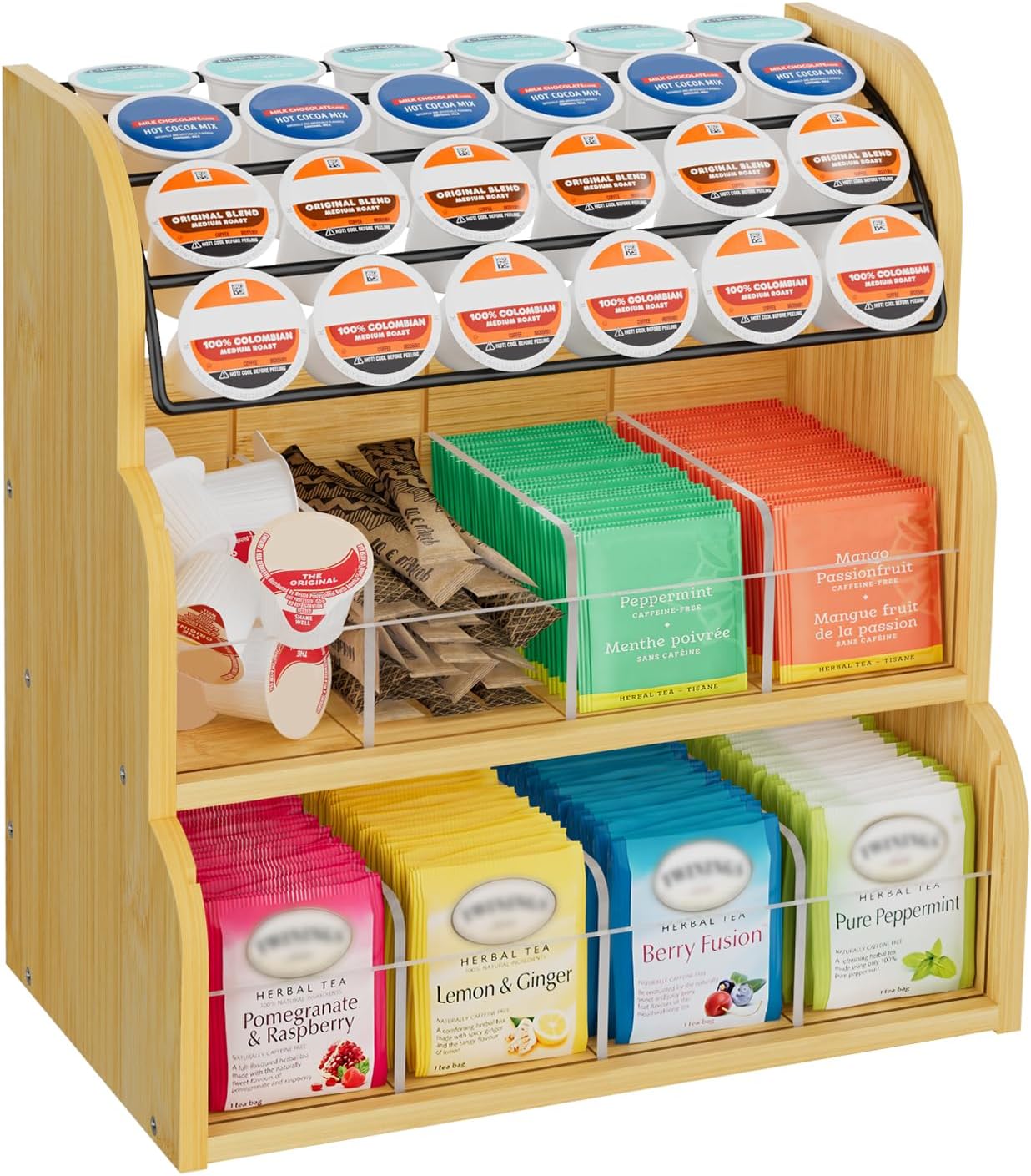 LASZOLA Bamboo Tea Bag and Coffee Holder Organizer for Cabinet Counter Office, 3 Tier Large Capacity Vertical K Cup and Tea Packet Storage Rack, Sturdy Display Stand, Easy Assemble