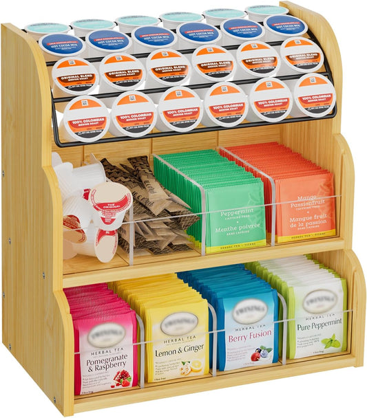 LASZOLA Bamboo Tea Bag and Coffee Holder Organizer for Cabinet Counter Office, 3 Tier Large Capacity Vertical K Cup and Tea Packet Storage Rack, Sturdy Display Stand, Easy Assemble