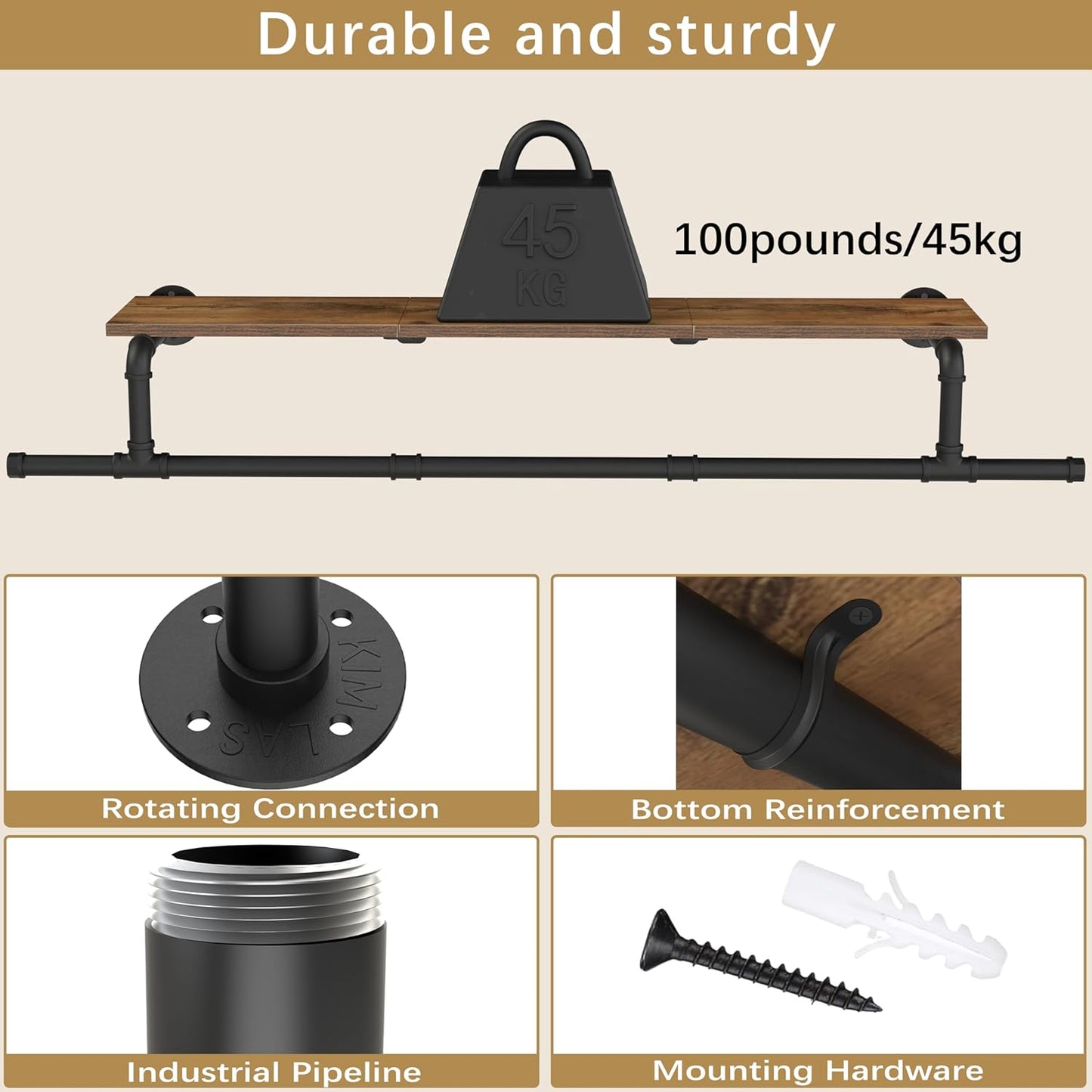 Wall Mounted Clothes Rack with Top Shelf, Space Saver Industrial Pipe Shelving, Heavy Duty Iron Closet Poles, Extension at Both Ends, 51.2×10.2×5.9 Inch, Black