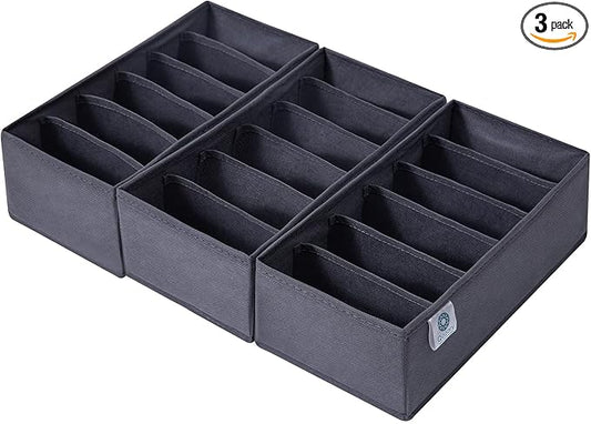 Qozary 3 Pack Sock Underwear Drawer Organizer Dividers, Non-Woven Fabric Collapsible Cabinet Closet Storage Boxes for Clothes, Socks, Lingerie, Underwear, Tie, Belt, Baby, Bedroom (Gray, 6 Cells)
