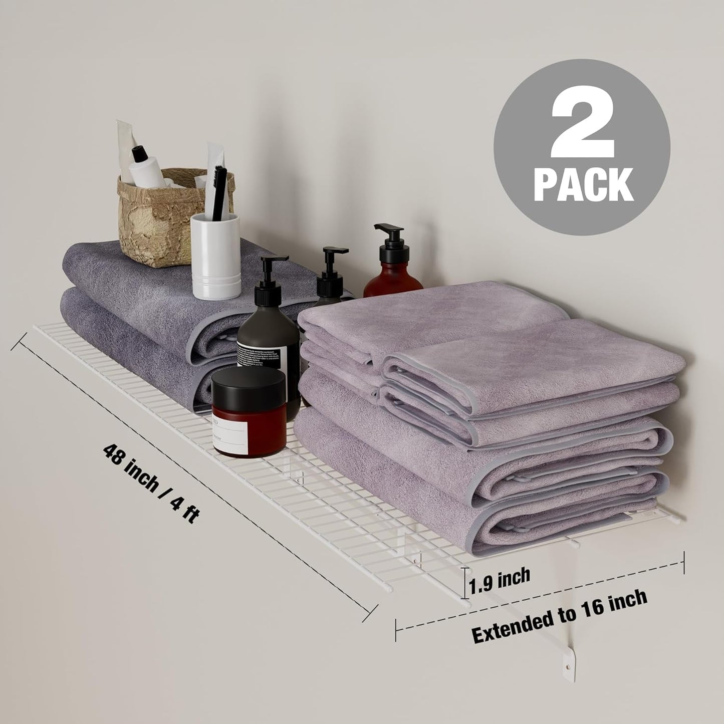 HAUSHOF Closet Shelves 4ft x 16in Wall Mounted 2-Pack, White Metal Wire Shelving for Laundry Room, Closet, Basement Organization and Storage