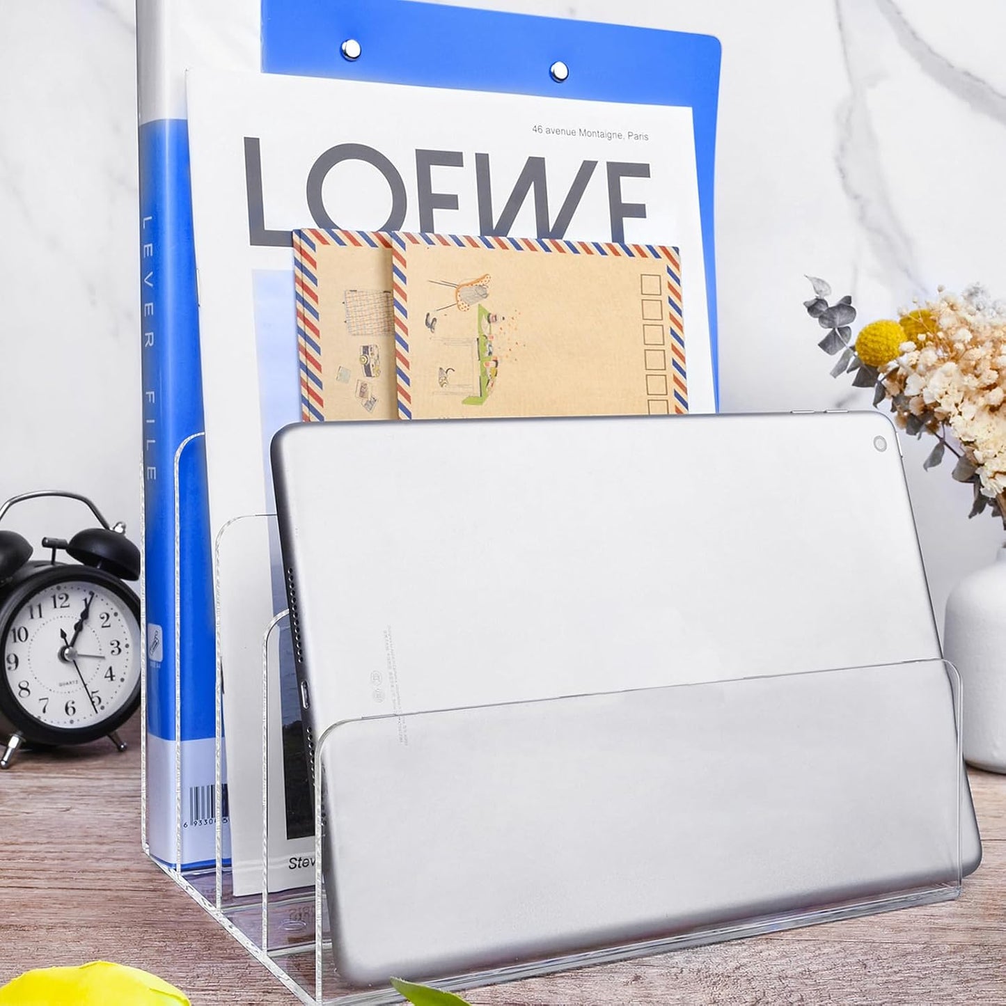 4 Section Acrylic File Organizer, Clear Desk Organizer and Accessories, Sturdy File Folder Holder Sorter, Office Supplies for Mail Letter Paper Electronic Notebook