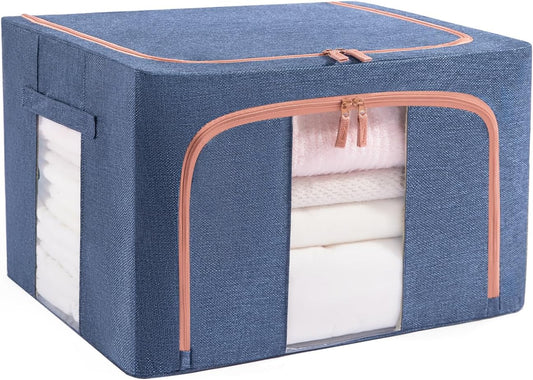 66L Stackable Clothes Storage Bins with Metal Frame Handles & Zipper, Collapsible Closet Organizer Box with Lid for Bedding Blankets Towel (Navy,1 pack)