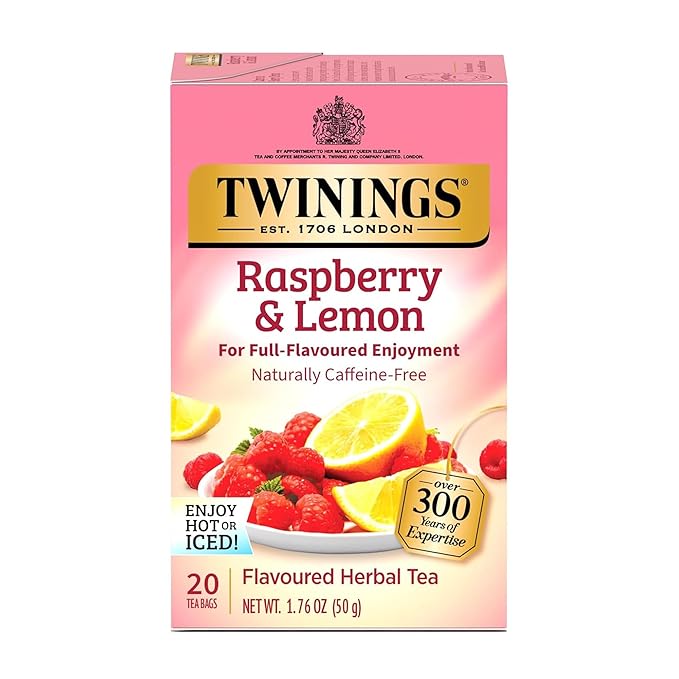 Twinings Raspberry & Lemon Herbal Tea Individually Wrapped Bags, 20 Count (Pack of 1), Unsweetened, Refreshing & Fruity, Naturally Caffeine-Free, Enjoy Hot or Iced, 20 Teabags