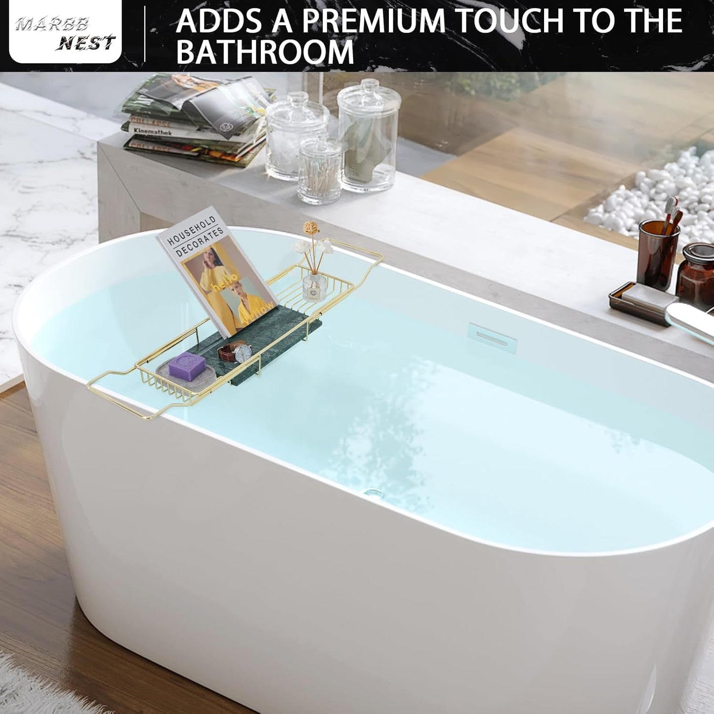 Bathtub Tray Caddy for Luxury Bath Expandable Extra Wide Bath Tub Tray with Natural Marble Tray and Mobile/Tablet Stand, Ideal for Home Spa Lovers(Gold + India Green)