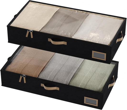 Under Bed Storage, Under Bed Storage Containers Bins for Clothes, Large Linen Underbed Closet Organization Bins, 2 Pack Collapsible Underbed Bin Dorm for Clothes, Sweater, Black