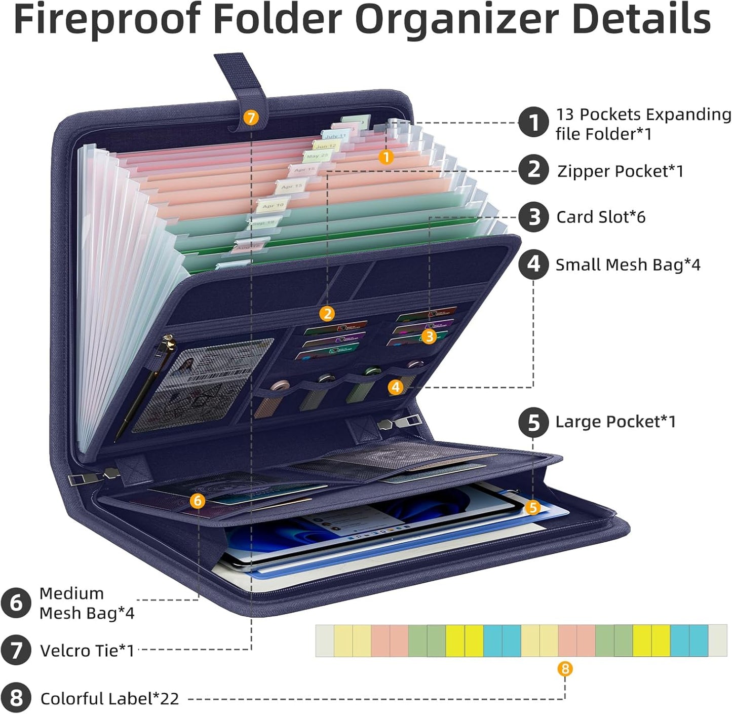 Fireproof Accordion File Organizer, Portable Expanding File Folder with Waterproof Zipper&Labels, Blue Document Organizer with 13 Pockets, File Organizer for Important Document/Paper Storage