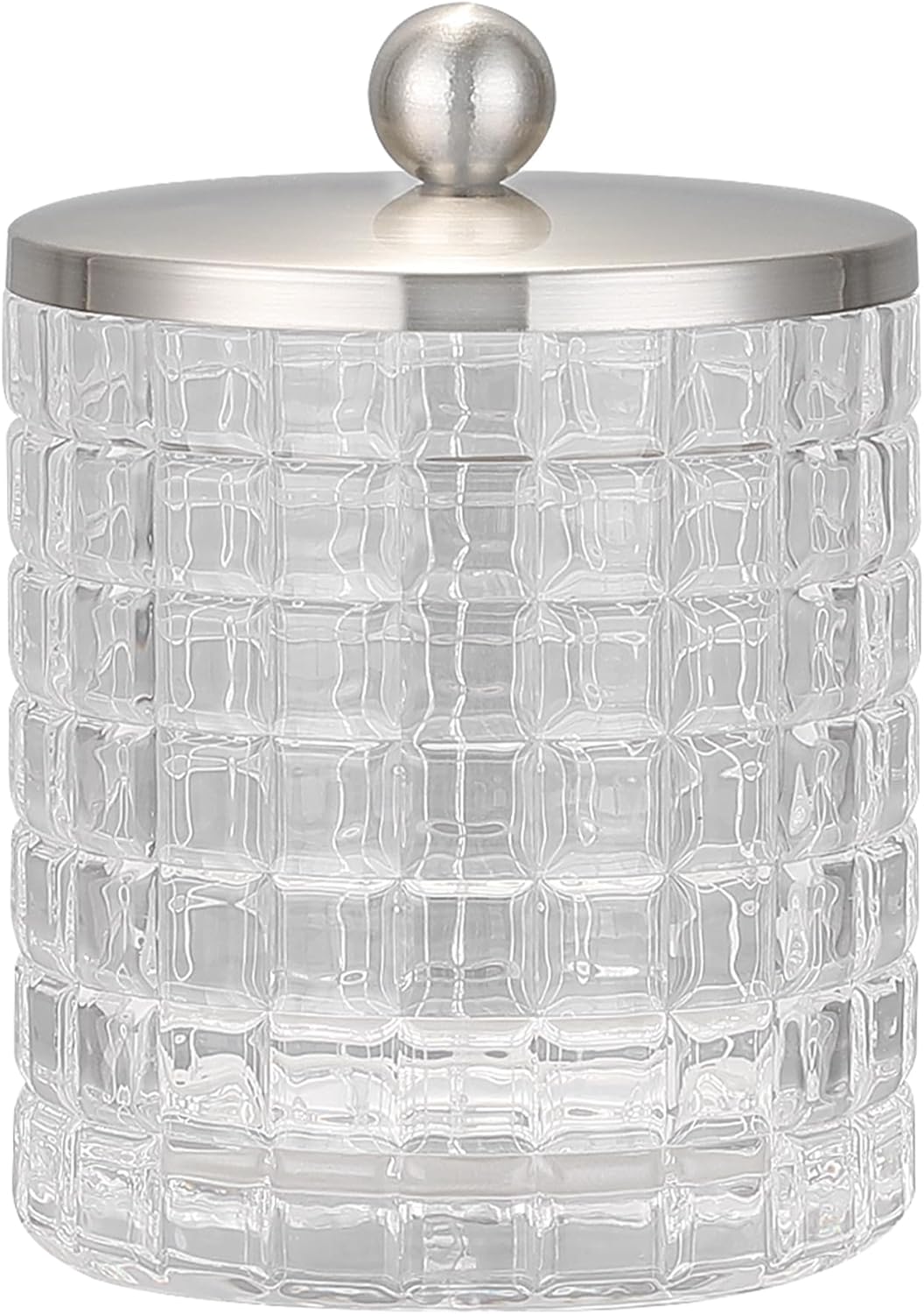 Clear transparent Apothecary Etched Geometric Grid Glass Jar W/Satin Nickel Metal Lid Cover for Bathroom Organization, Cotton Balls, Q Tips, and Small Accessories, Bathroom Storage
