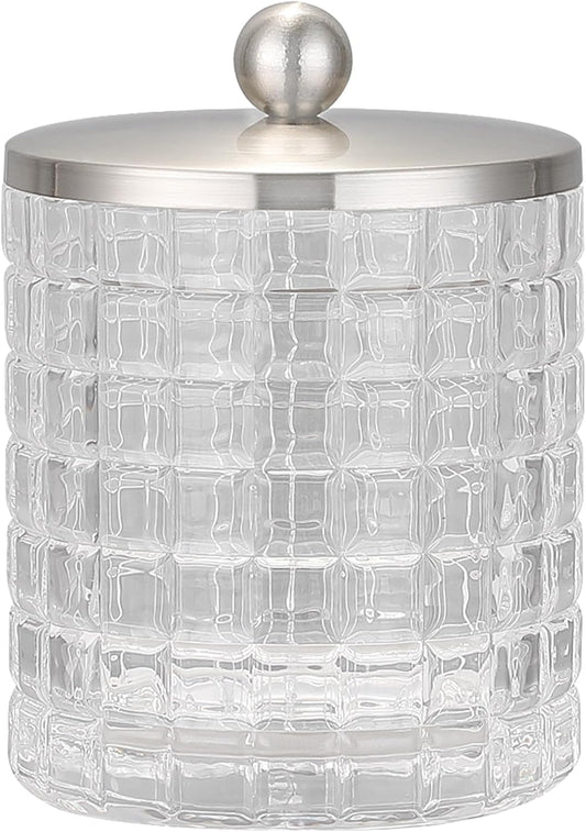 Clear transparent Apothecary Etched Geometric Grid Glass Jar W/Satin Nickel Metal Lid Cover for Bathroom Organization, Cotton Balls, Q Tips, and Small Accessories, Bathroom Storage