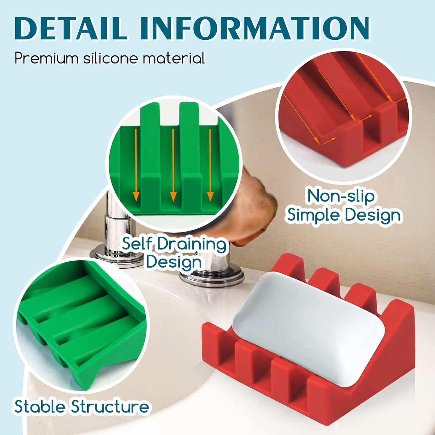 Silicone Soap Dish for Bar Soap Holder for Shower Bathroom Self Draining Waterfall Drying Tray Keep Soap Bars Dry Clean & Easy Cleaning (Christmas Red Green, 2)