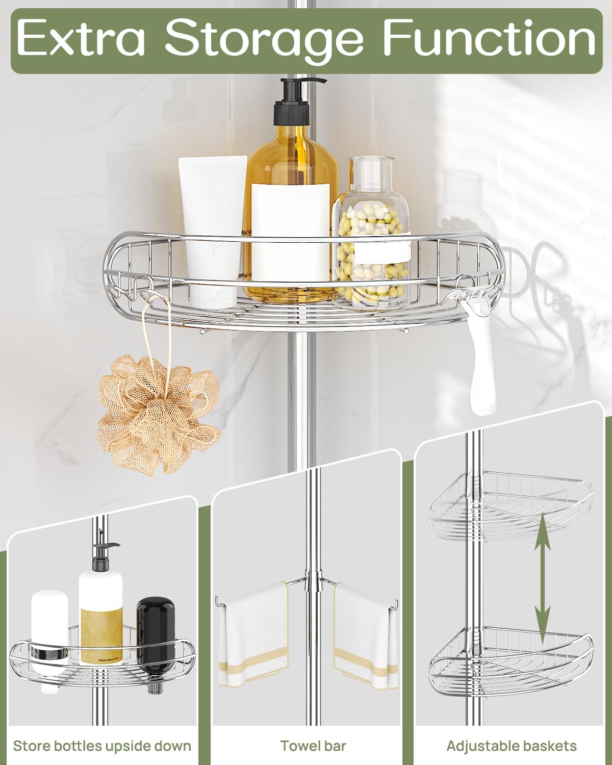 ALLZONE Corner Shower Caddy Tension Pole, 4-Tier Adjustable Shelves, Rustproof Bathroom Shower Organizer Corner for Inside Shower Storage, Tension Mounted, 56 to 113 Inch Height, Sliver