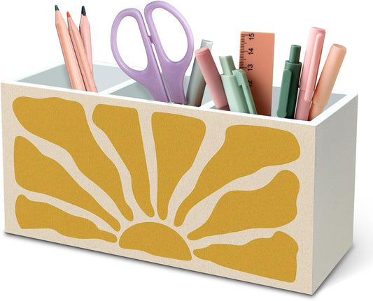 DILSJ Boho Abstract Sunshine Pen Pencil Holder Organizer for Desk, Boho Office Decor, Groovy Retro Abstract Sunshine Wooden Box Signs for Home Office Desk Tabletop Decoration