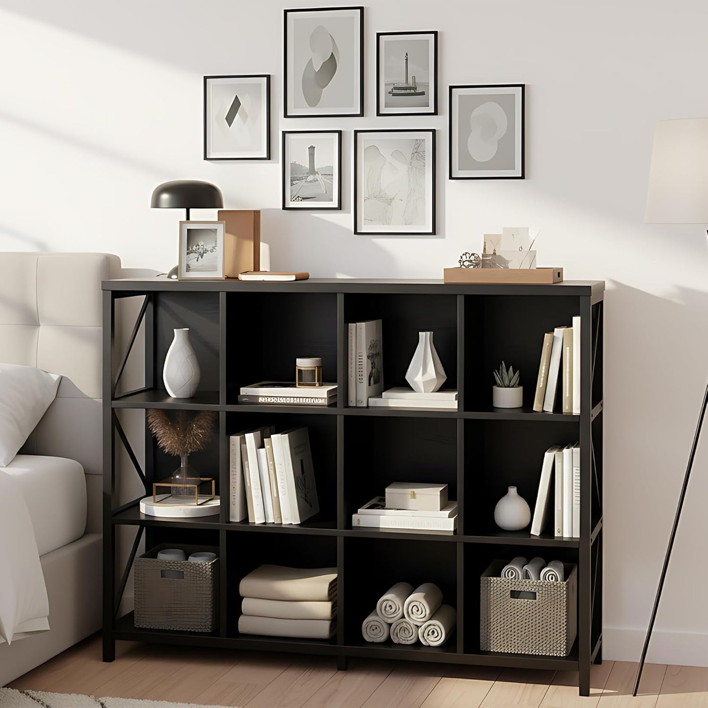 12 Cube Storage Organizer, Industrial Horizontal Bookshelf, Accent Cube Shelf, Corner Bookcase for Living Room, Home Storage, 47.6 Inches, Black