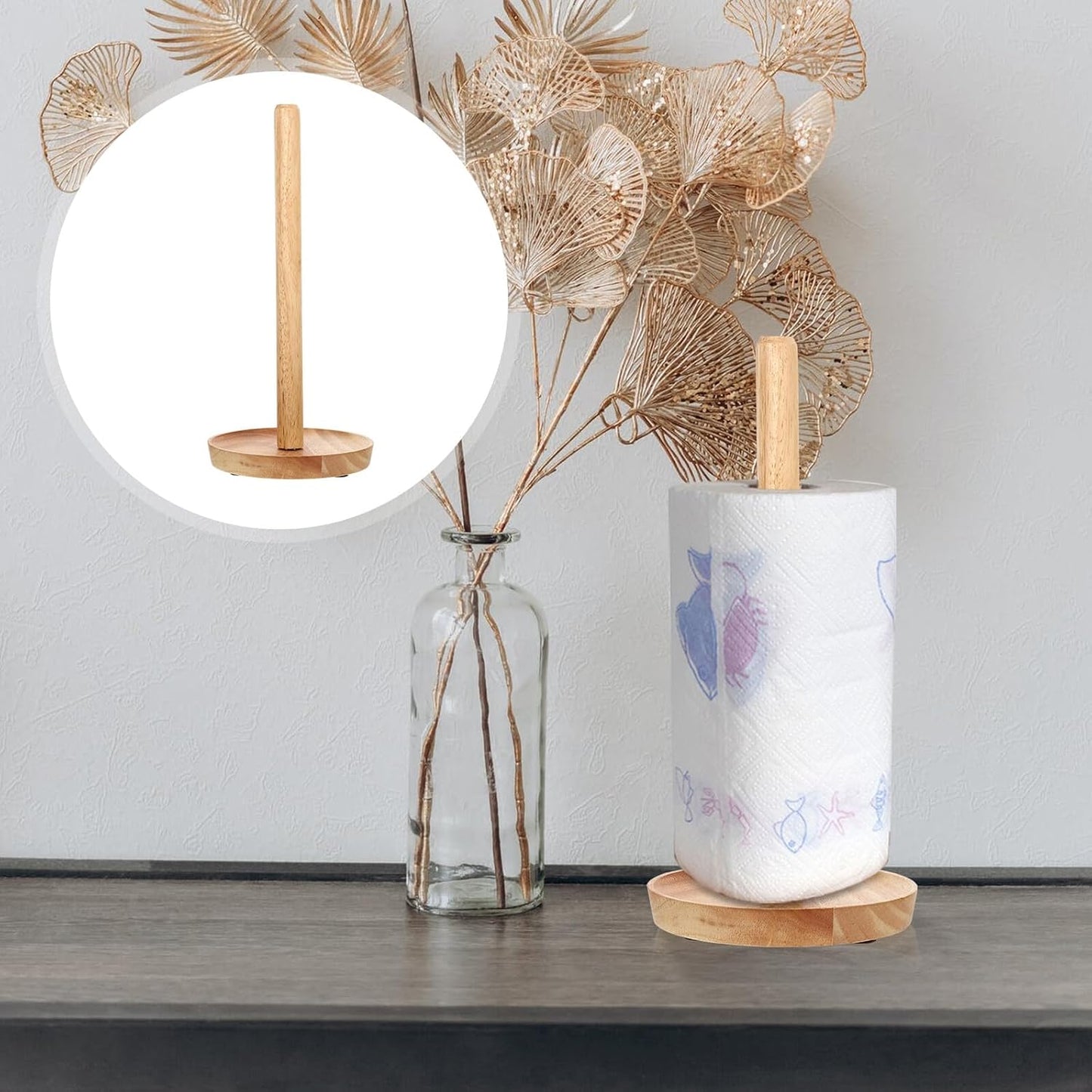 Solid Wooden Toilet Paper Holder Stand with Design and Rubberwood Base Freestanding Roll Paper Storage Rack for Bathroom Home Office and Apartment Use