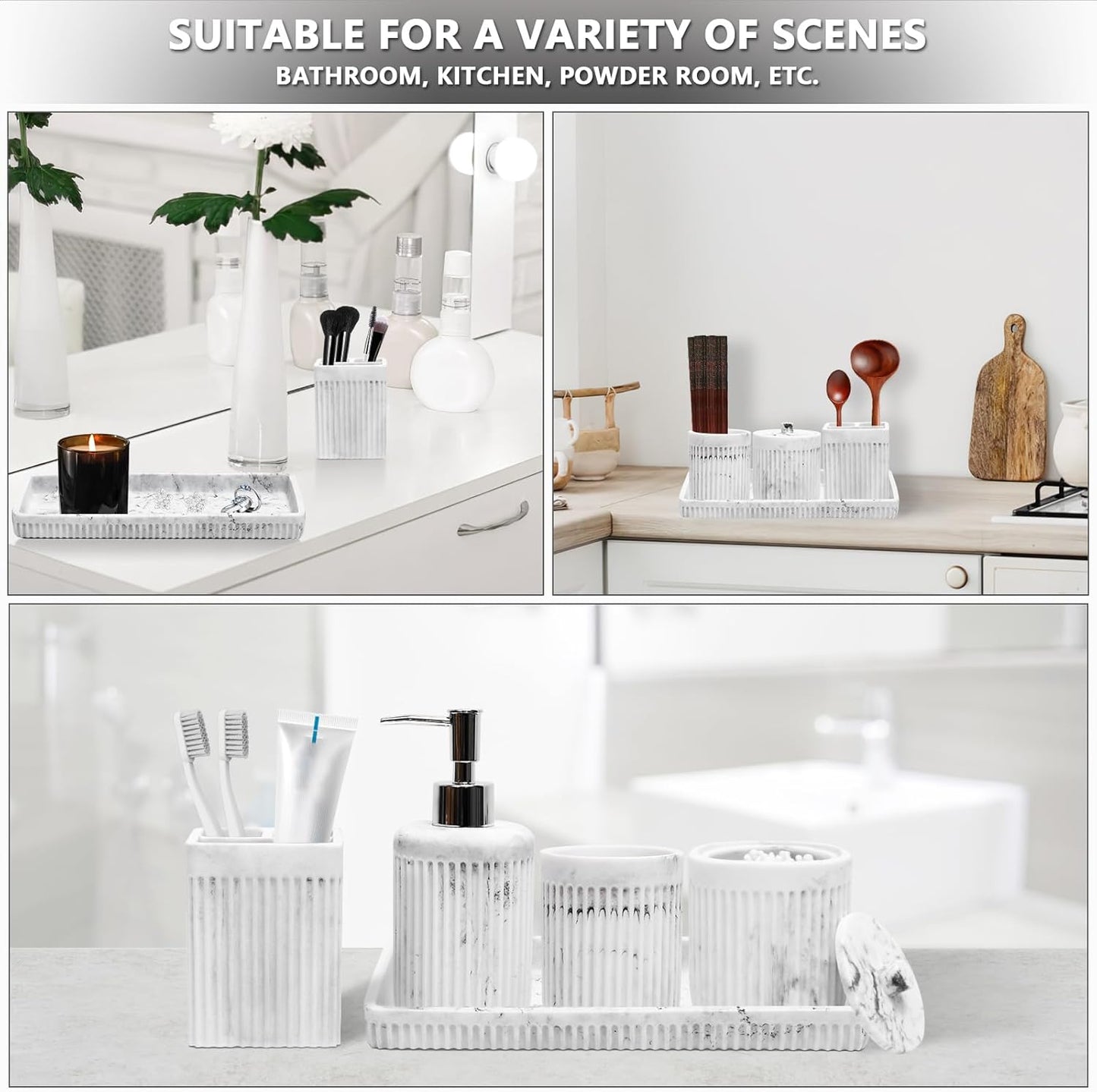 Resin White Marble Bathroom Accessories Set 5 Pcs, Lotion Soap Dispenser, Toothbrush Holder, Bathroom Tumbler, Qtip Holder and Vanity Tray, Bathroom Countertop Organizer Set for Home Apartment