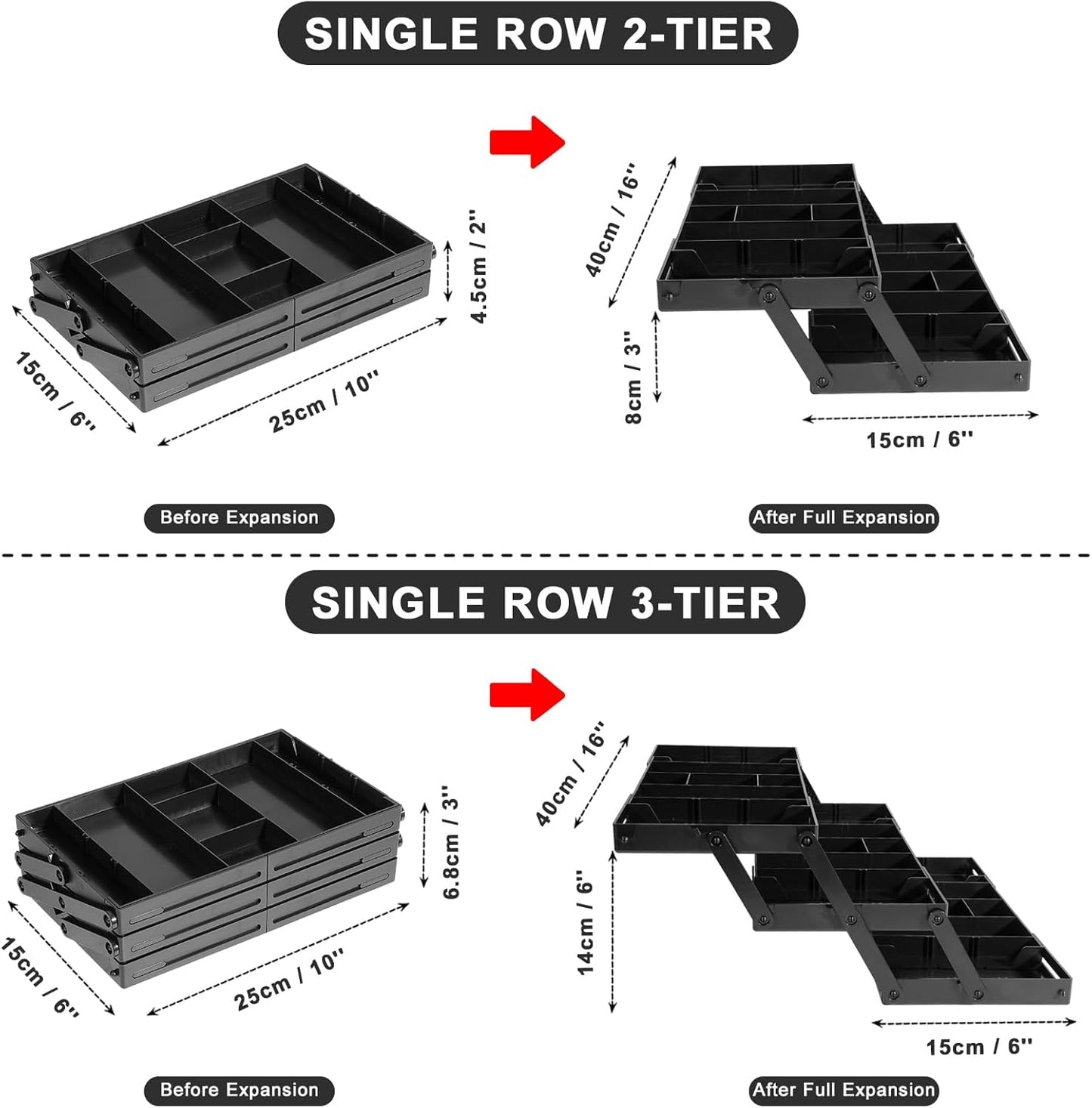 Aobiono Multi Level Smart Drawer Organizer, Multi Tier Expandable Storage Collapsible Foldable Trays for Jewelry, Cosmetics, Makeup, Tools, Battery (Black, Single Row - 2 Levels)