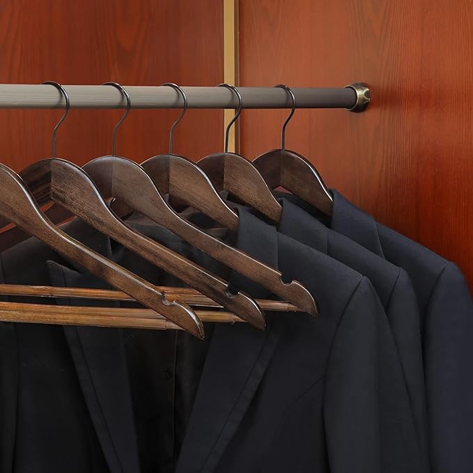 TOPIA HANGER Heavy Duty Wood Coat Hangers in Smooth Retro Finish, Boutique Quality Wooden Suit Hangers-Non-Slip Rubber Pants Bar and Smoothly Cut Notches-360° Rotating Black Hook-30 Pack, CT04A30